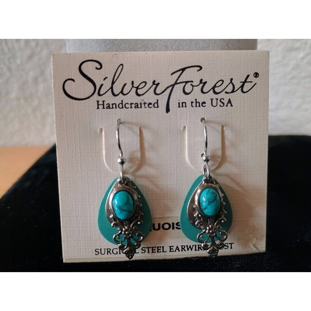 Silver Forest Turquoise Filigree Teardrop Shape Dangle Hook Earrings Silver Tone - Picture 2 of 4